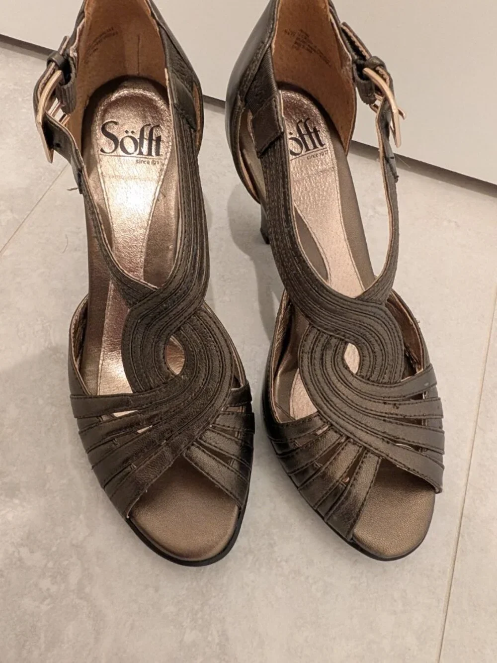 Sofft 6.5W Graciella Bronze Leather Open Peep Toe High Heel Dress Sandals - Picture 7 of 13